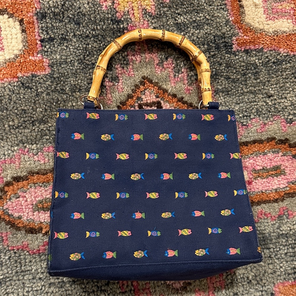 Navy Fish Print Purse with Bamboo Handles